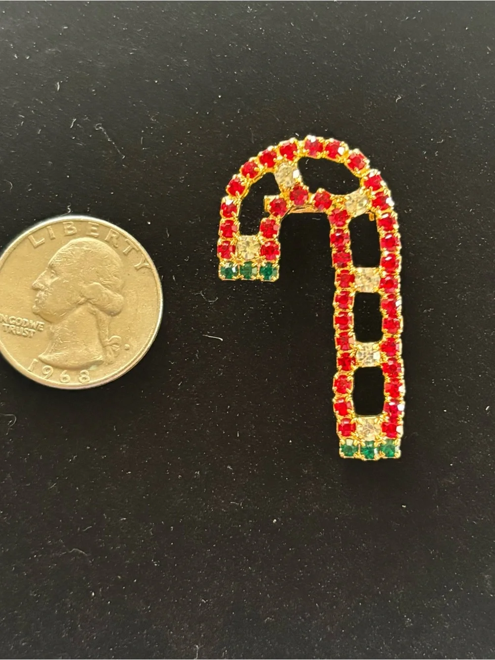 Vintage Gold-Tone Red & Green Candy Cane Crystal Brooch -Sparkling Rhinestones